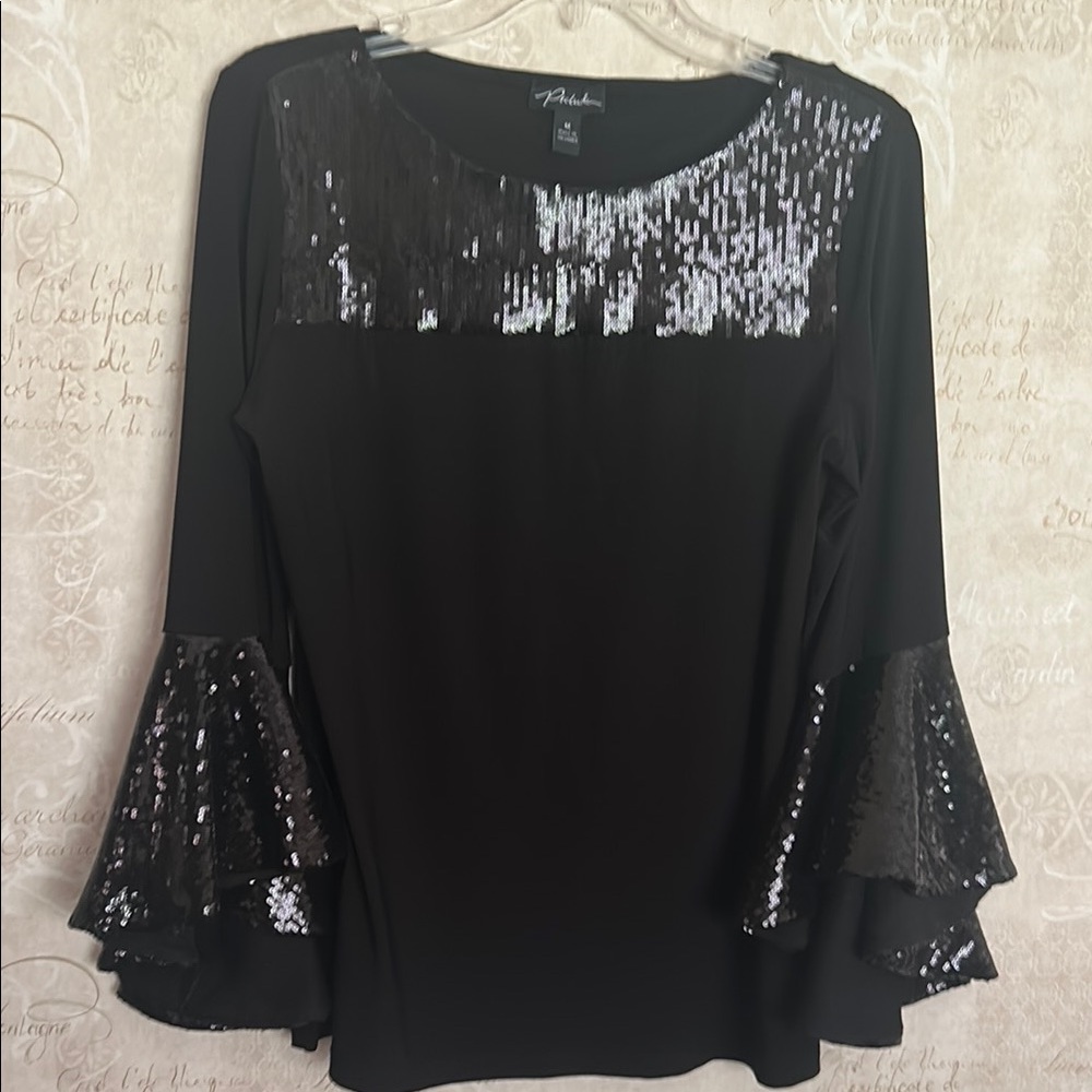 Black Sequin Bell Sleeve Blouse